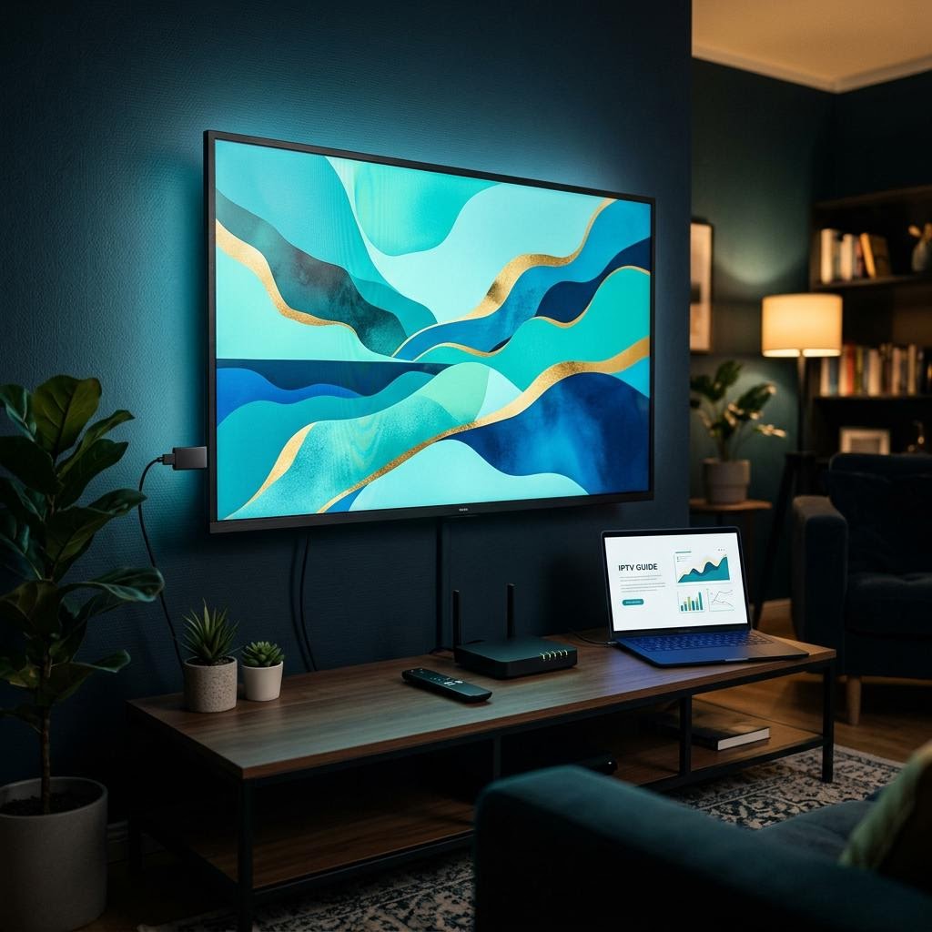 Generiertes Bild eines Heimnetz- und Streaming-Setups mit Fernseher, Router, Laptop und Streaming-Stick